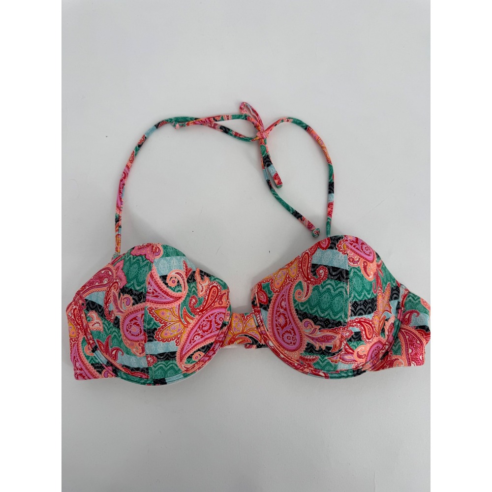 Ondade Mar Womens Multicolor Paisley Sz S Halter Bikini Top Pink Teal Boho Swim‎